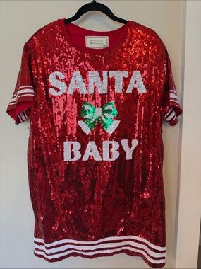 Red Sequin 'SANTA BABY' Holiday shirt dress